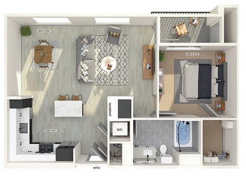 Floor plan for 1 bed, 1 bath, 815 sqft